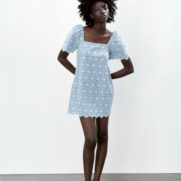 Zara Dresses & Skirts - ZARA Eyelet Embroidered Cotton Dusty Blue Dress Women’s Large